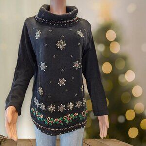 Vintage Christmas Sweater Beads Sequins Snowflakes Candy Canes